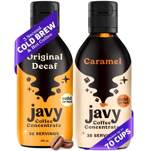 Javy Coffee Microdose Decaf + Javy Caramel Concentrate Microdose 30X, Artisan Roasted Cold Brew, Cold Brew Beverages, Liquid Coffee Concentrate, Hot & Iced Instant Coffee, 12oz, 30 Servings