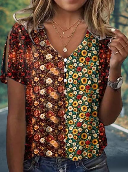 Women's Summer Floral Printed Cotton Shirt Casual V Neck Tank Tops Short Sleeve Loose Fit Blouses Smocked Shirts - Image 2