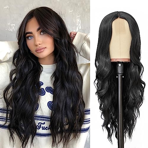 NAYOO Long Black Wig for Women – 26 Inch Long Black Hair Wig, Natural Looking Black Long Wig, Heat Resistant Synthetic Wig, Easy to Put Black Wavy Wig, Long Black Curly Hair Wig for Daily Party Use