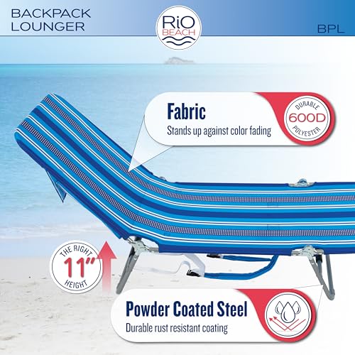 Image of Rio Beach Portable Lay Flat Folding Backpack Beach Lounge Chair with Backpack Straps and Storage Pouch, Blue and Red