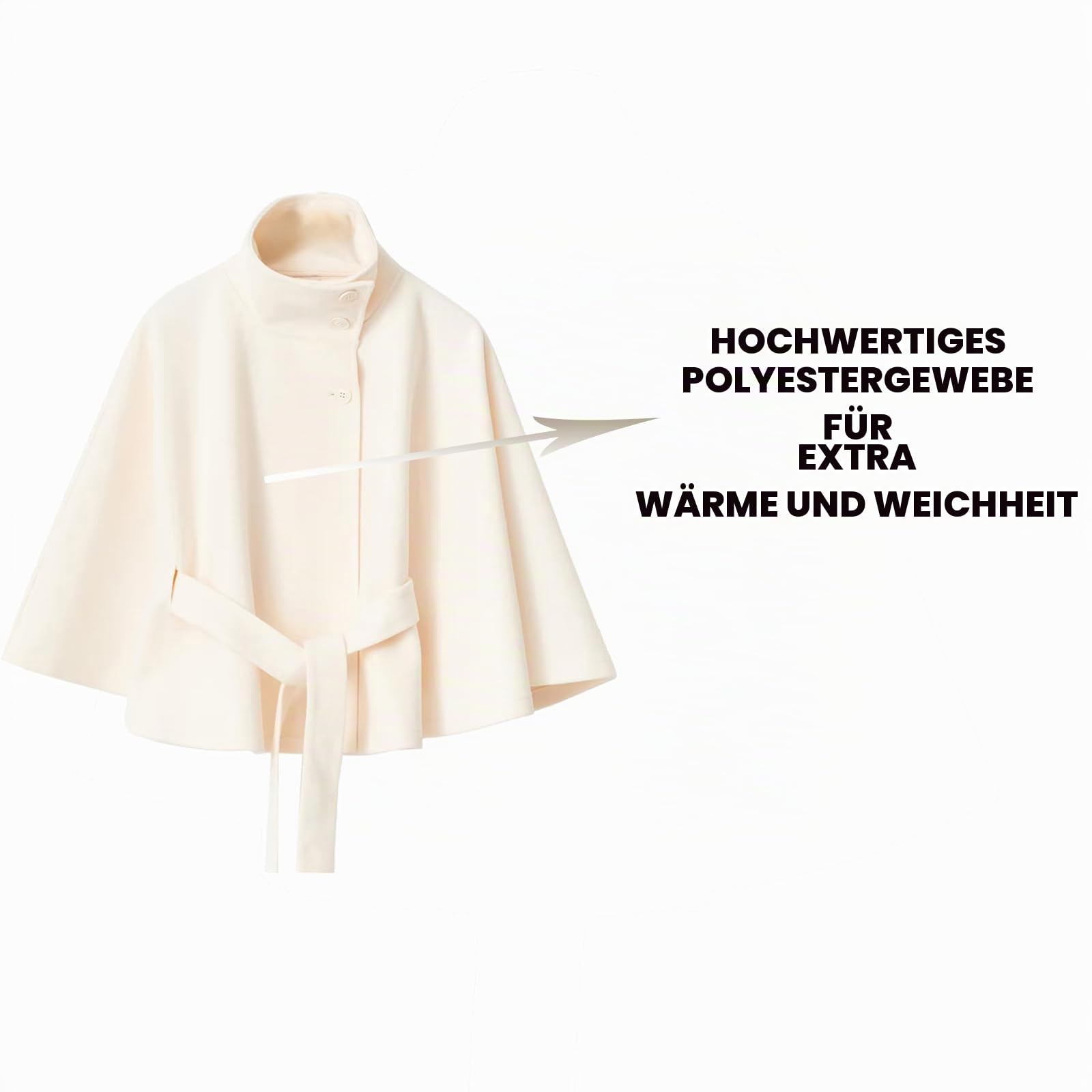 Generisch Weißer Cape-Mantel,Poncho mit Fledermausärmeln, Damen-Wintermantel mit Stehkragen und Gürtel