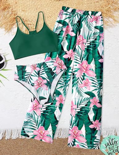 Image of NECIOUS Girls Swimsuit, 3 Piece Bikini Bathing Suit Tropical Floral Swimwear with Cover Up Pants 7-16Y