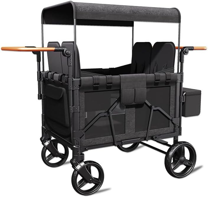 4-Seat All-Terrain Kids Stroller Wagon, Foldable Double Push Bar, UV-Protection Canopy, Durable 600D Oxford Fabric, Ideal Family Cart for Beach, Park & Camping - Black