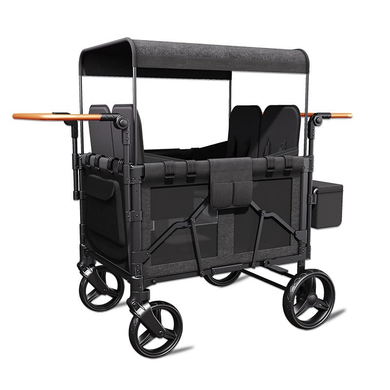 Passeggino Pieghevole, Carrello a 4 posti con cinture a 5 punti, parasole, tasche laterali e barra di spinta for età da 0 a 6 anni - Grigio