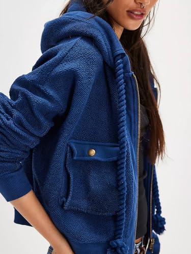 Women Texture Jacket Long Sleeve zipper Hooded Sweatshirt Fall Casual Cropped Drawstring Coat3