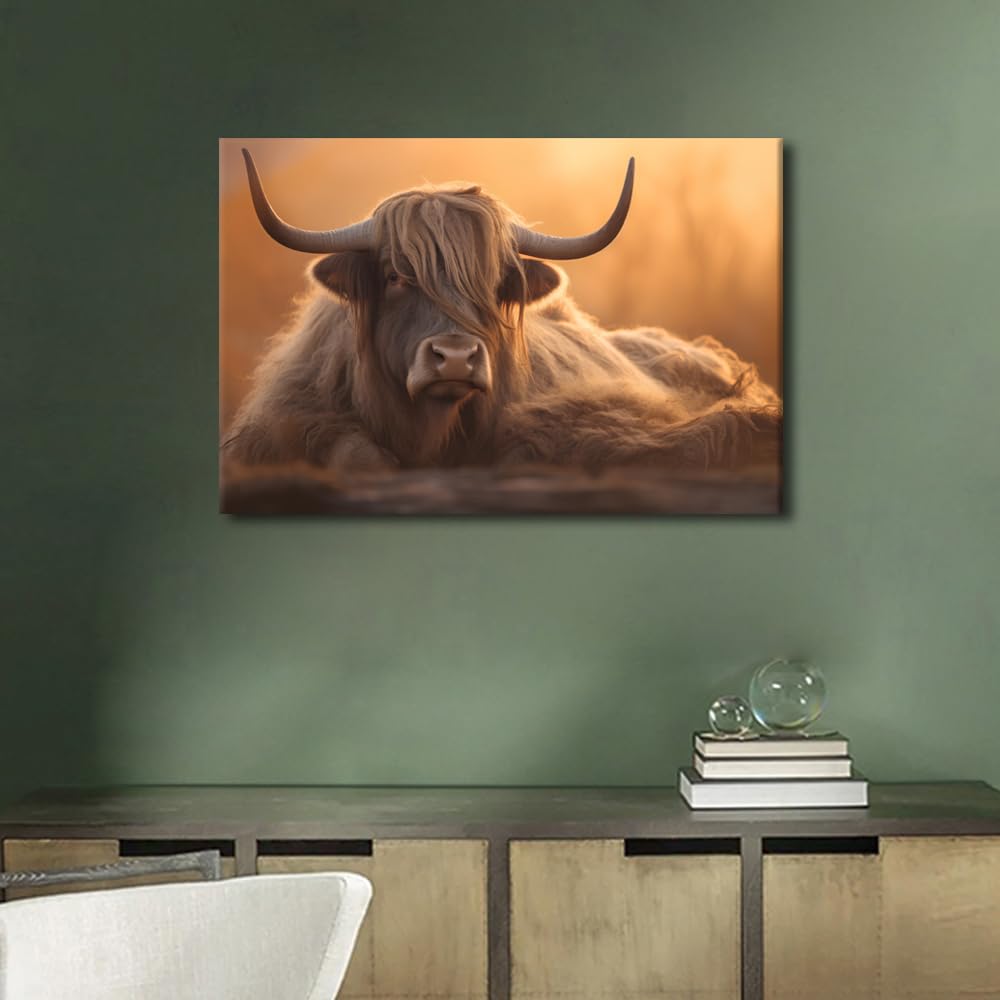 TISHIRON Portrait of a Brown Yak (Bubo Taurus) at Sunset Picture Animal Portrait Painting Prints Rustic Yak Artwork Farmhouse Home Living Room Bedroom Decoration Ready to Hang 1 Panels (16" Wx24 H) - Image 3