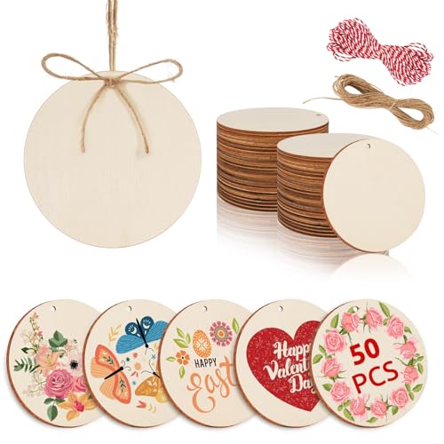 Philorn 50pcs Wooden Ornaments for Crafts 3.5 Unfinished DIY Wooden Ornaments Predrilled Wood Slices Circles for Crafts Paint Holiday Hanging Decorations