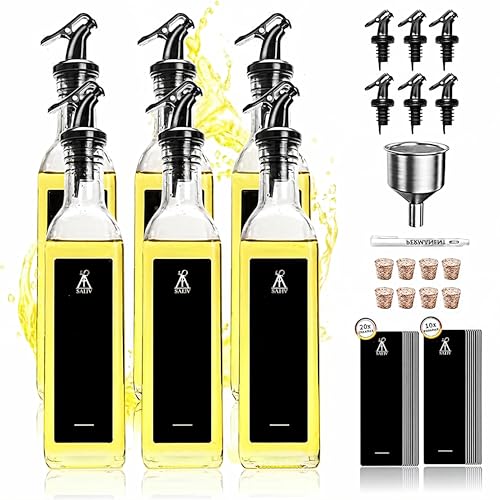 SAEIV 6 Stück Essig Öl Flaschen, Hochtransparentes Glas Öl und Essig Spender, mit Schwarzer Labels, 250ml Oil Dispenser Set, für Geordnete Aufbewahrung Verschiedener Flüssigkeit im Küche
