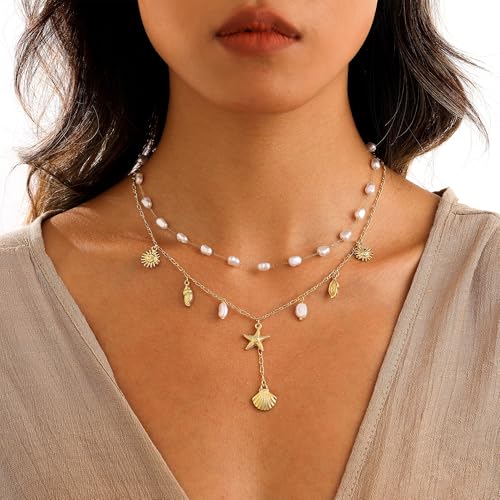 Shell Charm Necklace For Women Stack 14k Gold Plated Seashell Pearl Necklace Dainty Starfish Beach Layered Pendant Summer Boho Jewelry Gifts4