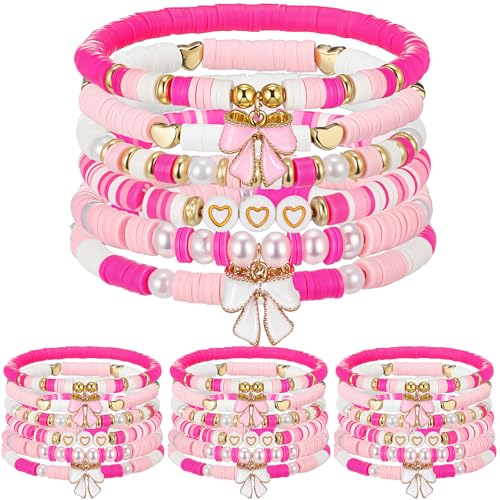 Landical 24 Pcs Coquette Bow Bracelet Bulk Friendship Bracelets Groovy Boho Party Gifts Stretch Beaded Bracelets for Retro Hippie Party Supplies(Pink Coquette Bow)