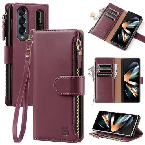 Shieldtop Compatible with Samsung Galaxy Z Fold 4 5G Wallet Case with S Pen Holder,Women Man RFID Blocking PU Leather Flip Phone Case Protective Cover Wrist Strap Credit Card Holder Slots,Wine Red
