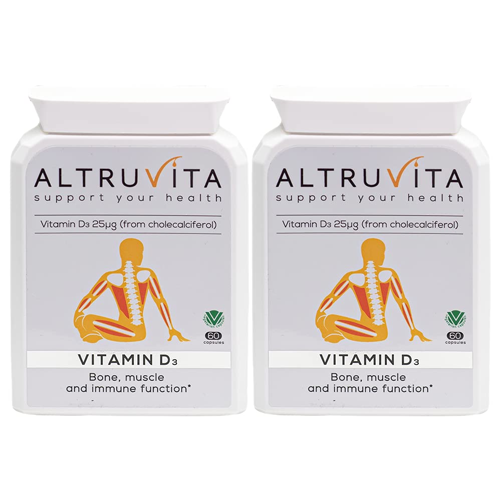 Altruvita Vitamin D3 Pack of 2 | 25µg | 1000IU | 120 Days Supply | 500% of Daily Requirement | Bone, Muscle & Immune Support | 120 Capsules | Vegetarian Approved