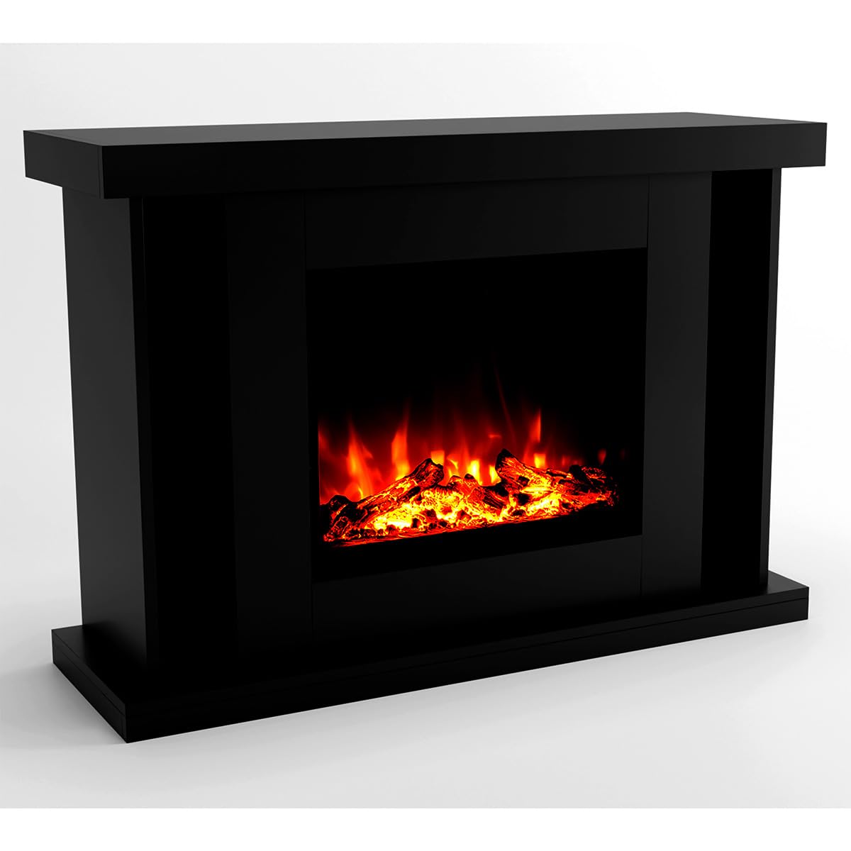 GLOW FIRE Wolnostojący kominek TARVOS - Kominek elektryczny z grzałką, płomień LED w 3 kolorach, nawiew, dekoracja drewniana, pilot, 120x84x38 cm, Czarny
