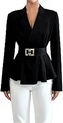 Blazer feminino de manga comprida com gola V e top formal com cinto