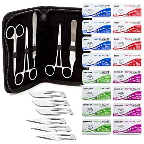 Sterile Sutures Thread with Needle Plus Tools - First Aid Field Emergency, Trauma Practice Suture Kit; Taxidermy; Medical, Nursing and Vet Students (16 Mixed 0, 2/0, 3/0, 4/0 with 12 Instruments) 28PK Cover