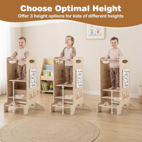 Image of Costzon Toddler Step Stool, 3-Level Adjustable Height Wooden Kids Standing Tower w /Detachable Chalkboard, Montessori Games, Slide, Safety Rails, Highchair for Aged 3+ Boys, Girls (Light Wood)