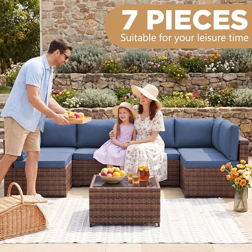 Image of LHBcraft Patio Furniture Set,7 Pieces Outdoor Wicker Rattan Patio Furniture with Rain Cover, Wicker Rattan Outdoor Sectional Patio Sofa Set with Coffee Table for Garden, Taupe-Blue