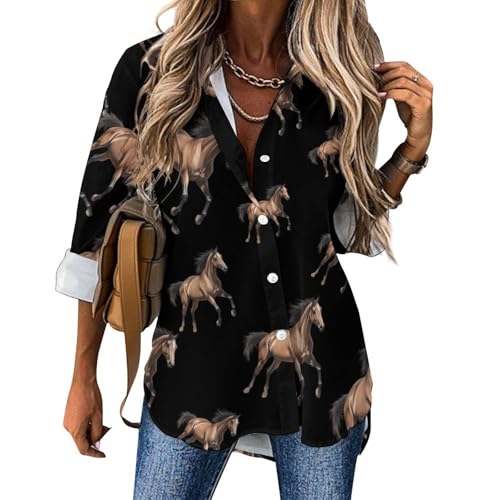 Image of Running Arabian Horse Fashion Long Sleeve Button Up Shirts for Women Irregular Hem Loose Casual V Neck Tees Top Blouse XL