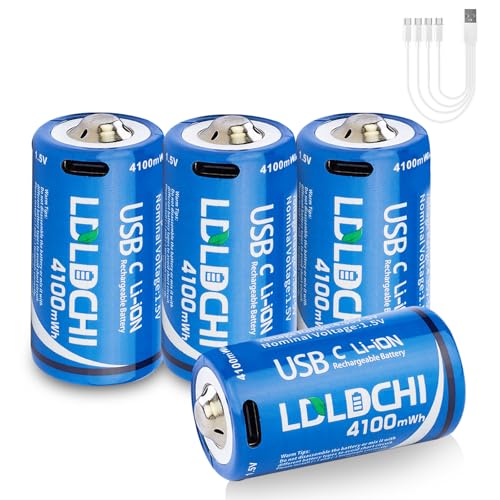 LDLDCHI Rechargeable Lithium C Batteries 4 Pack with 4-in-1 Charging Cable - 4100mWh 1.5V Lithium-ion C Cell Rechargeable Batteries, Over 1000 Cycles, for Flashlights, Clocks, Radios