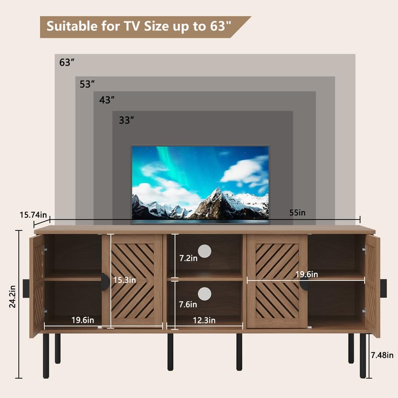 Image of ARTPOWER 55 inch TV Stands, Entertainment Center with Storage, Natural Oak