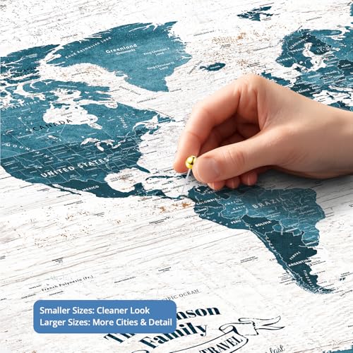 Image of IPIC - Personalized World Map Canvas Wall Art, Push Pin Map with Custom Names to Track Your Travels, Vintage Teal Framed Wall Decor for Home, Office, Living Room or RV, Ready to Hang