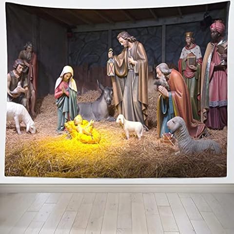 Loccor Chritmas Nativity Scene Tapestry 80x60 Inch Manger Scene Birth of Baby Jesus Tapestry Wall Hanging Christian Religious Tapestries Wide Wall Art for Church Bedroom Living Room Dorm Home Decor Cover