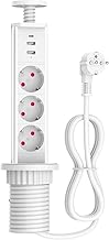 Meisax PD 20W Quick Charge Recessed Power Strip with 3 Sockets 2 USB-A and 1 USB-C Cable 1.8 m, Diameter 60 mm Rectractable Socket Worktop for Kitchen, Office, Bedrooms, Living Room (White)