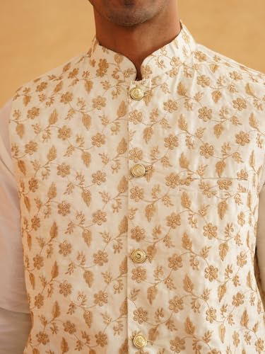 Image of SOJANYA (Since 1958 Men's Cotton Linen Maroon Kurta and White Pyjama with Mustard Cotton Nehru Jacket
