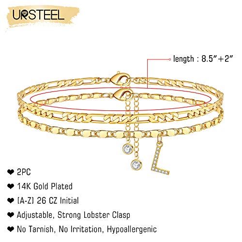 Image of Ursteel Ankle Bracelets for Women, 14K-Gold-Plated Dainty Layered Chain CZ Initial Anklets Set Summer Jewelry Gifts for Women