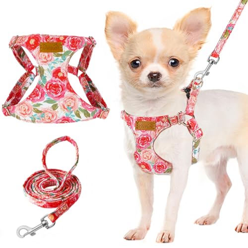 Lukovee Puppy Harness and Leash Set, No Pull Lightweight Soft Suede Adjustable Pet Harness Vest with Snap Buckle for Puppy Small and Medium Size Dog (Pink Rose, XS)