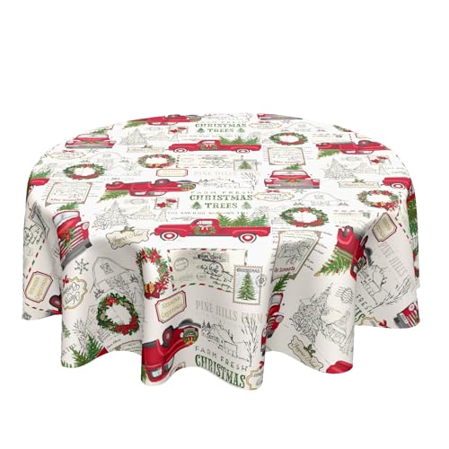 Kawani Christmas Round Tablecloth 70 Inch Xmas Theme Red Truck Tree Table Cloth Vintage Winter Holiday Polyester Table Cover for Kitchen Party Indoor Outdoor Home Decor