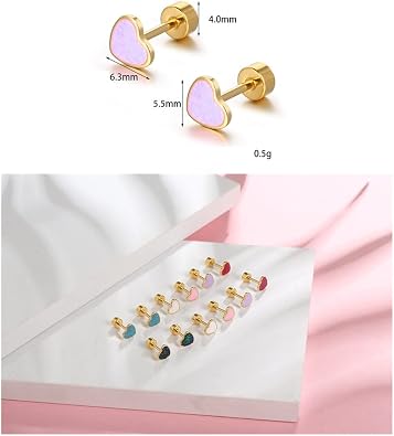 18g Titanium Heart Love Earrings for Women Girls Stainless Steel 14k Gold Plated Hypoallergenic Cute Tiny Sequins Stud Cartilage Tragus Screw Back Post Piercing Sensitive Ear