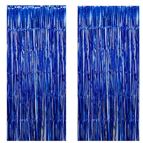 Image of 3 ft X 6 ft Blue Metallic Tinsel Foil Fringe Curtains for Anniversary Parties, Birthday Party or Any Other Celebration (2pc Blue Metallic Tinsel Foil Fringe Curtains)