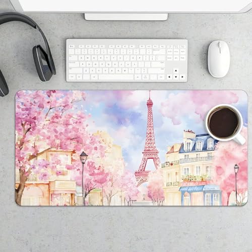 Image of Paris Eiffel Tower Extended Gaming Mouse Pad, with Stitched Edges Large Mouse Pad Desk Protector, Rubber Base Mousepad Keyboard Mouses Mat for Work Game Office Home- 32 inch X 16 inch Inch