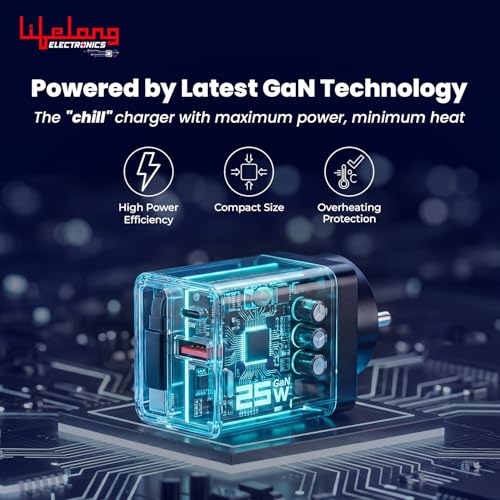 Image of Lifelong Electronics Travel Adapter Gan Fast Charger | 50W (25W Tangle-Free Retractable Type-C Cable + 25W Type C Port) | 18W USB A Port | for iPhone, iPad, Samsung, Nothing and All Phones & Tablets