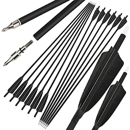 ZSHJGJR 30 Inch Archery Carbon Arrows Hunting Arrows with 4” Turkey Feather Removable Tips Targeting Practice Arrows 500 Spine for Compound & Recurve & Traditional Bow 6/12pcs (Black, 12)