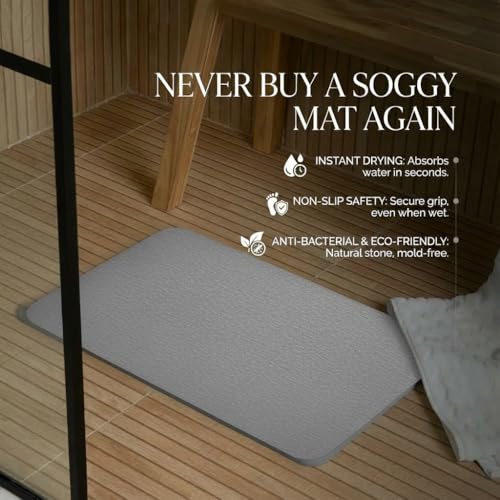 Image of Stone Bath Mat | Diatomaceous Earth Non-Slip Quick Drying Bathroom Floor Mat | Super Absorbent Bathtub & Shower Mat | Odor Free, Safe & Clean for Bathroom & Kitchen (Light grey, 39.5 x 59.5 cm)