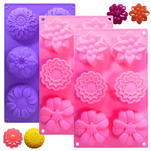 3 Sets 6 Cavities Silicone Flower Soap Cake Mold, Bagvhandbagro Mixed Flower Shapes, Perfect for Cupcake Soap Making, Handmade Cake Chocolate Biscuit, Pudding, Muffin pan