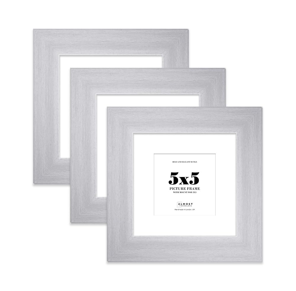 5x5" Silver Square Frame With Mount for 3x3" Pictures 28mm Edge Frame Display with Wall Hooks and Kickstand, 3 Pack