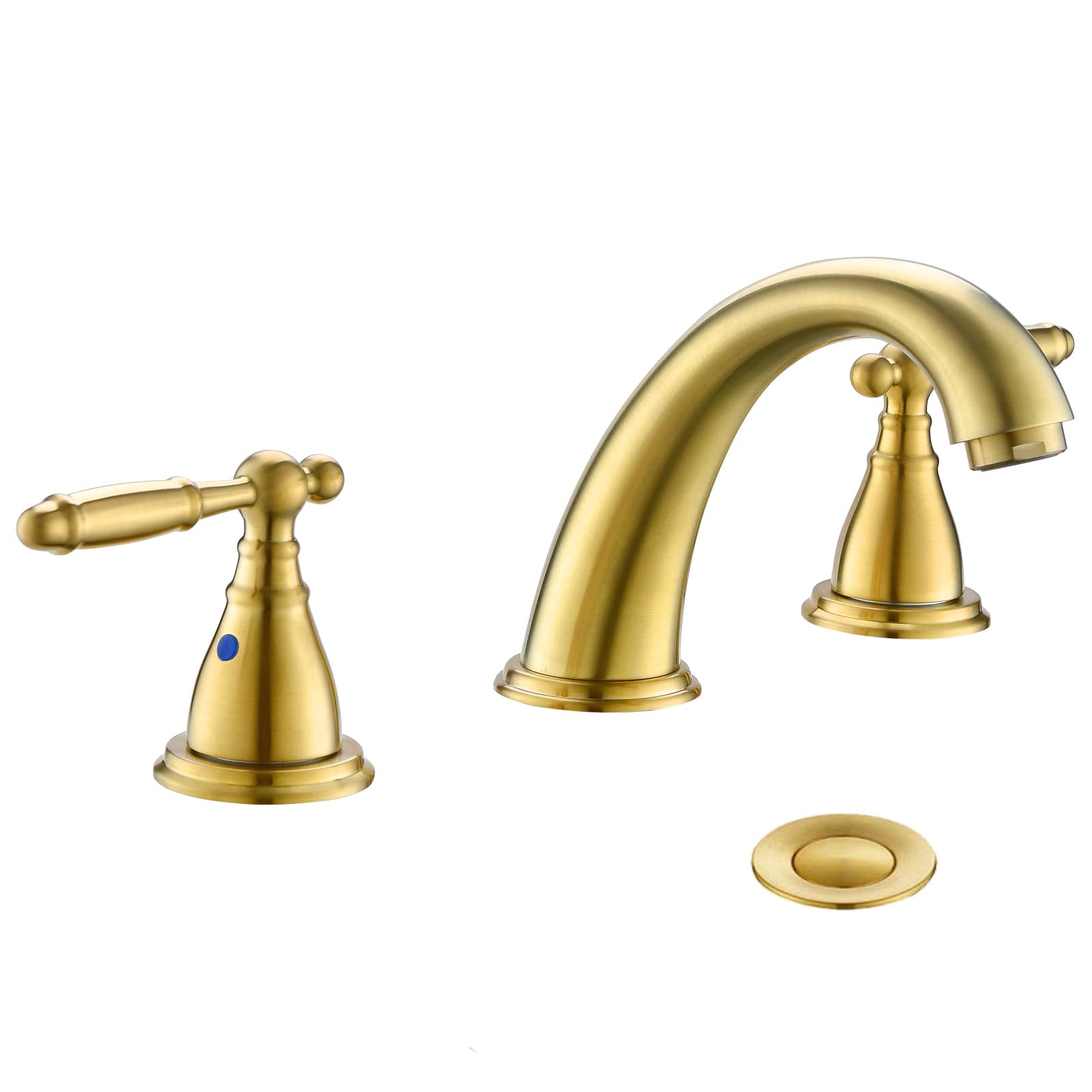 Weit verbreitete, gebürstete Gold-Waschtischarmatur, 8 Zoll (ca. 20 cm), 3-Loch, 2-Griff-System mit Metall-Ablaufgarnitur, niedrigem Auslauf, WF008-4-BG