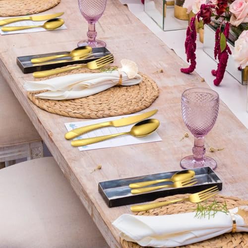 Image of Aurum Gold French Style Silverware Set | 5-Piece Hammered Flatware with 2-in-1 Serrated Knife | 18 /10 Stainless Steel Cutlery Set | Perfect for Home, Restaurant & Luxury Gifting