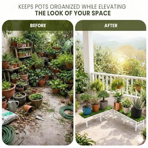 Image of IRON LANDS Metal Pot Stand with Green Grass Mat 72x22x20 Cm | Rust-Proof Matte Powder-Coated for Big Size Plants | Supports Up to 300 Kg| Ideal for Garden Balcony, Outdoor and Indoor Plant Display