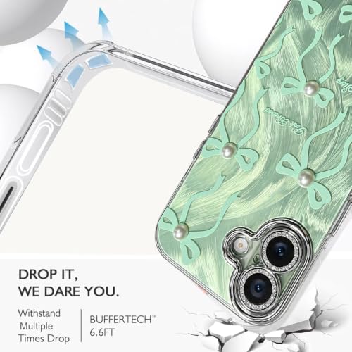 Image of VONZEE Compatible with iPhone 17 Case Luxury Pink Girly Cute 3D Bow Pearl Glitter Bling Case with Full Camera Protection Shockproof PC+TPU Glossy Shiny Cover for Girls Women, Green
