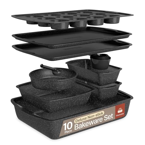 Image of Gray Marble 10-Piece Bakeware Sets, Nonstick Carbon Steel Baking Sheet & Pans, Stackable Space-Saving Bakeware, Dishwasher Safe, Stain-resistant, PFOAPFOSPTFE Free, Oven Safe Up To 450°F (230°C)