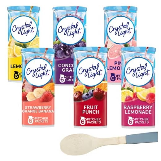 Crystal Light Kid Flavor Variety Pack Of 6 - 12 Quart Canisters - 1 Each Of Lemonade, Pink Lemonade, Fruit Punch, Concord Grape, Strawberry Orange Banana, Raspberry Lemonade Bundled with a stirring Spoon