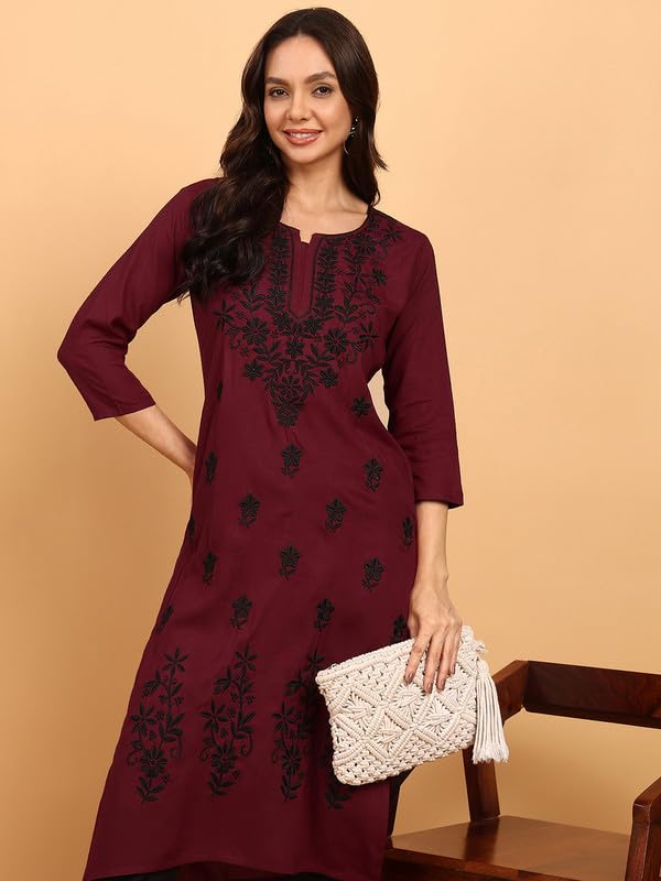 Image of Women Pink Ethnic motifs Embroidered Lucknowi Chikankari Long Kurti