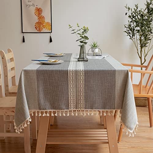 Yicorgard Grey Table Cloth Rustic Style 55“ x 55”,Double Braided Striped Linen Tablecloth Square with Tassels for Dining Kitchen