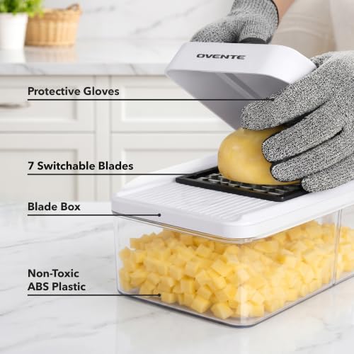 Image of OVENTE 7-in-1 Vegetable Chopper and Mandoline Slicer, White MD71W | With 7 Interchangeable Blades and Safety Gloves, Multifunctional Kitchen Gadget for Fruit, Onion, Potato, Cucumber & More