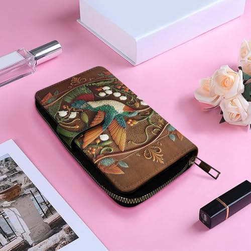 Image of COEQINE Ladies Wallets Pink Leopard Heart Black Printed Leather Phone Long Clutch Purses Check Coin Change Holder