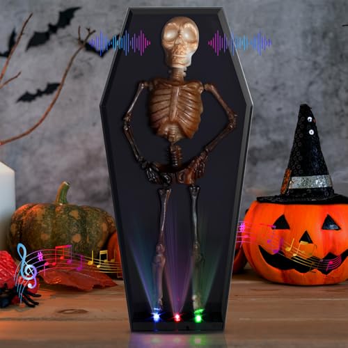 MAIAGO Halloween Tombstone Skeleton with LED Lights, Halloween Skeleton Voice Activated Decorations, Dancing Skeleton with Music and Glowing Lights for Halloween Decor Party Props, Haunted House, Yard